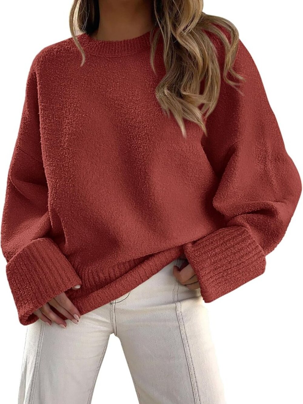 Women's Rust Red Chunky Ribbed Knit Cozy Oversized Fuzzy Crewneck Cuff Sweater